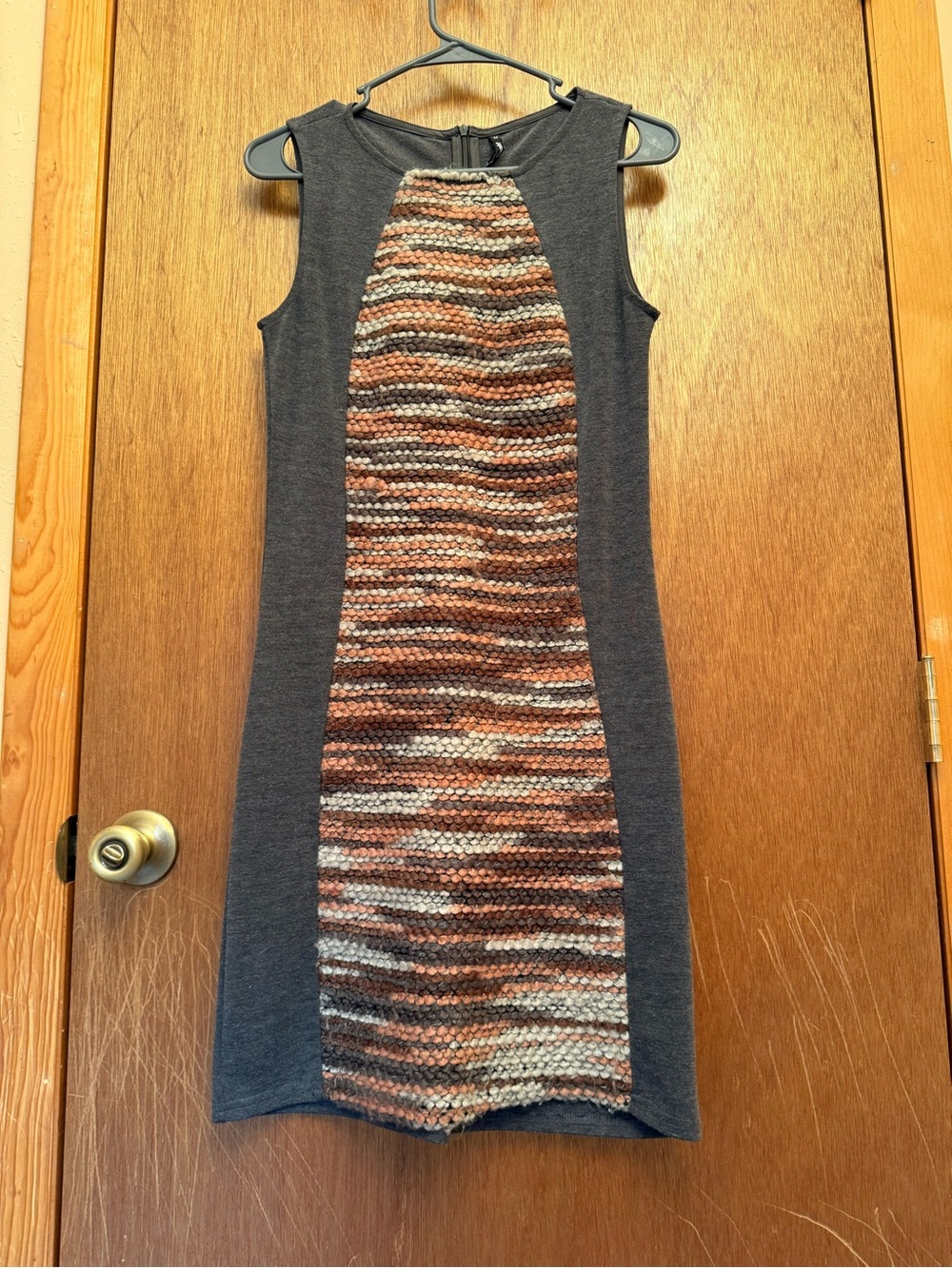 Sleeveless Knit-Panel Sheath Dress in Charcoal and Multicolor